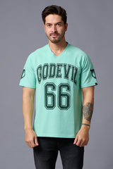 Go Devil 66 Printed V Neck Sea Green Oversized T-Shirt for Men - Go Devil