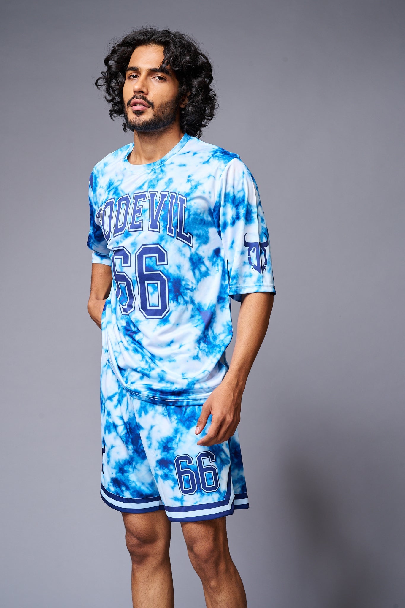 Go Devil 66 Printed White & Light BlueTie Dye Co-ord Set for Men - Go Devil