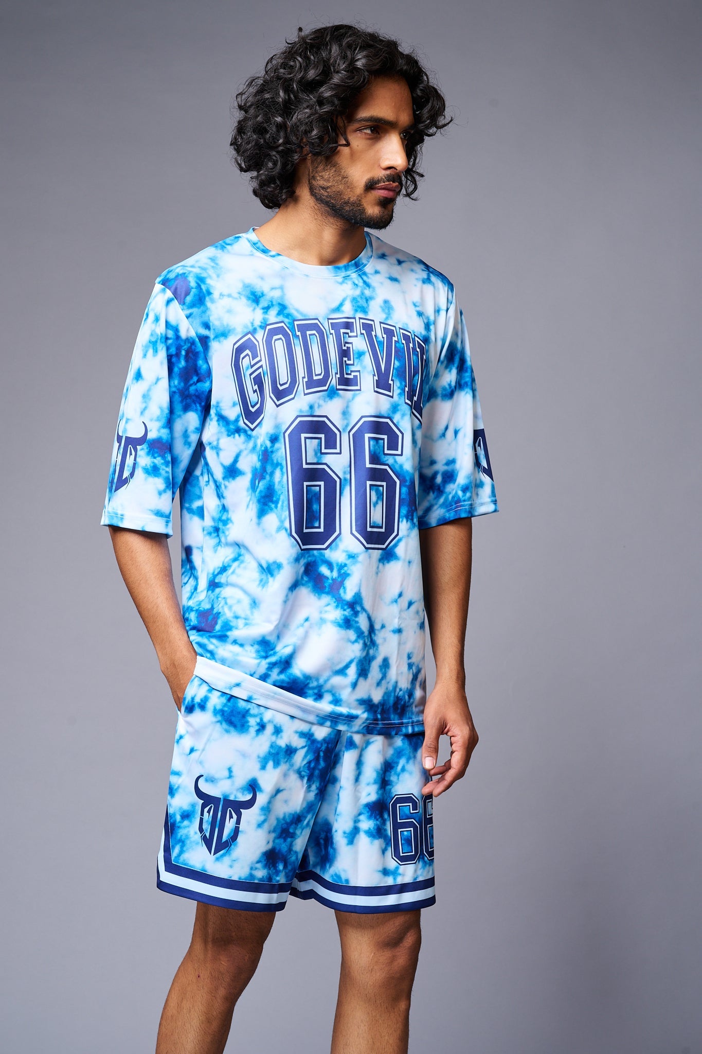 Go Devil 66 Printed White & Light BlueTie Dye Co-ord Set for Men - Go Devil