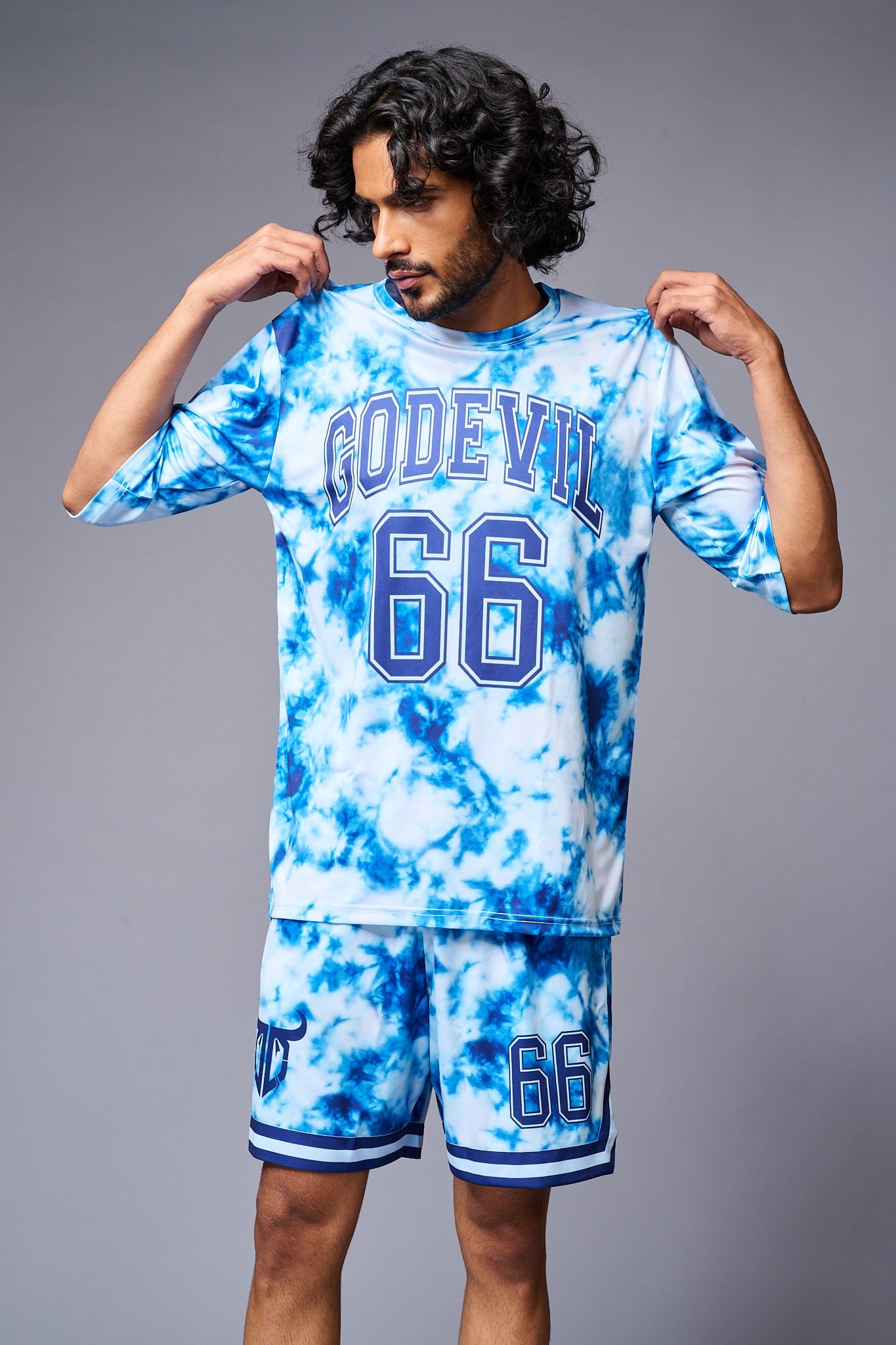 Go Devil 66 Printed White & Light BlueTie Dye Co-ord Set for Men - Go Devil