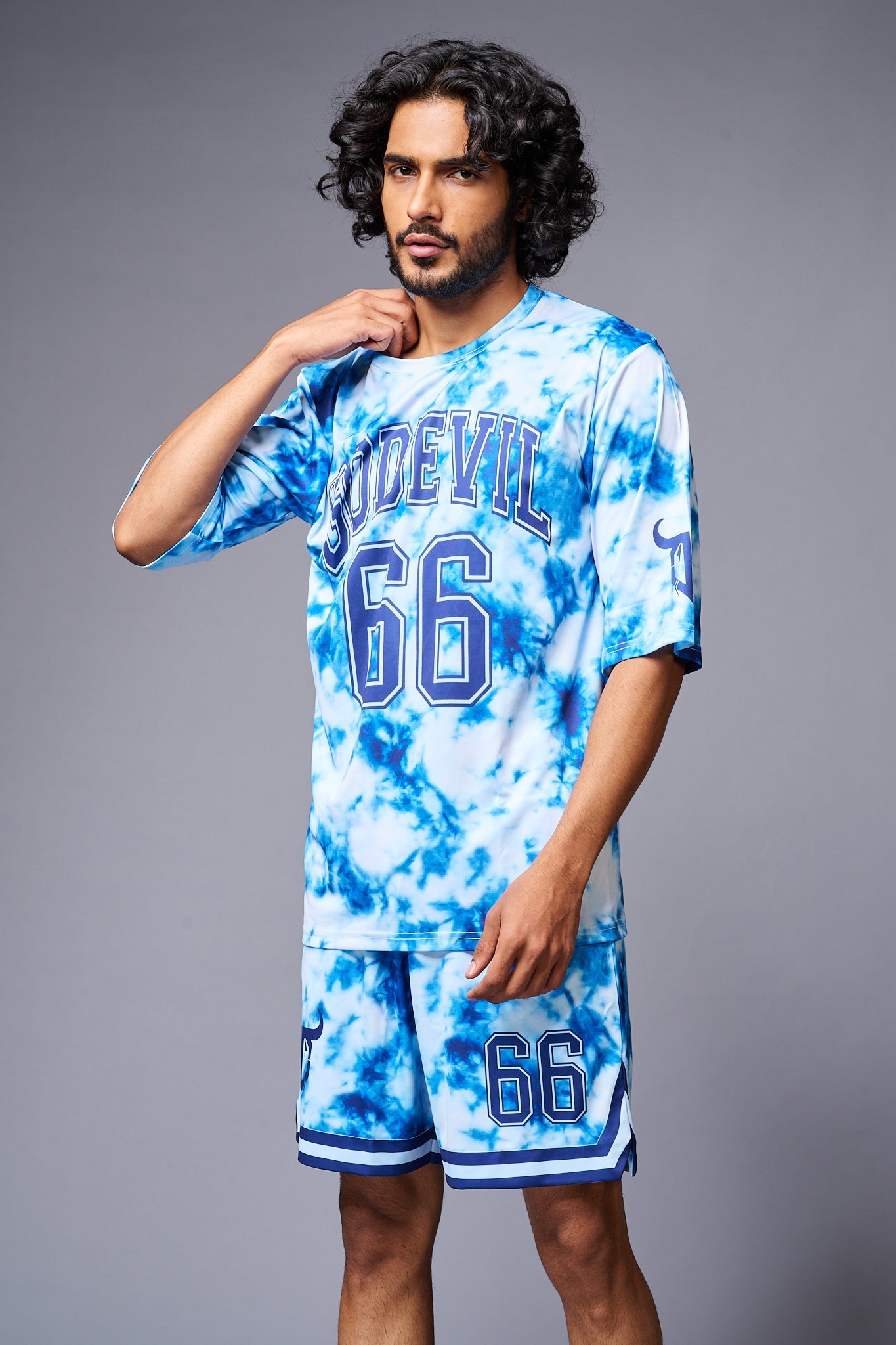 Go Devil 66 Printed White & Light BlueTie Dye Co-ord Set for Men - Go Devil