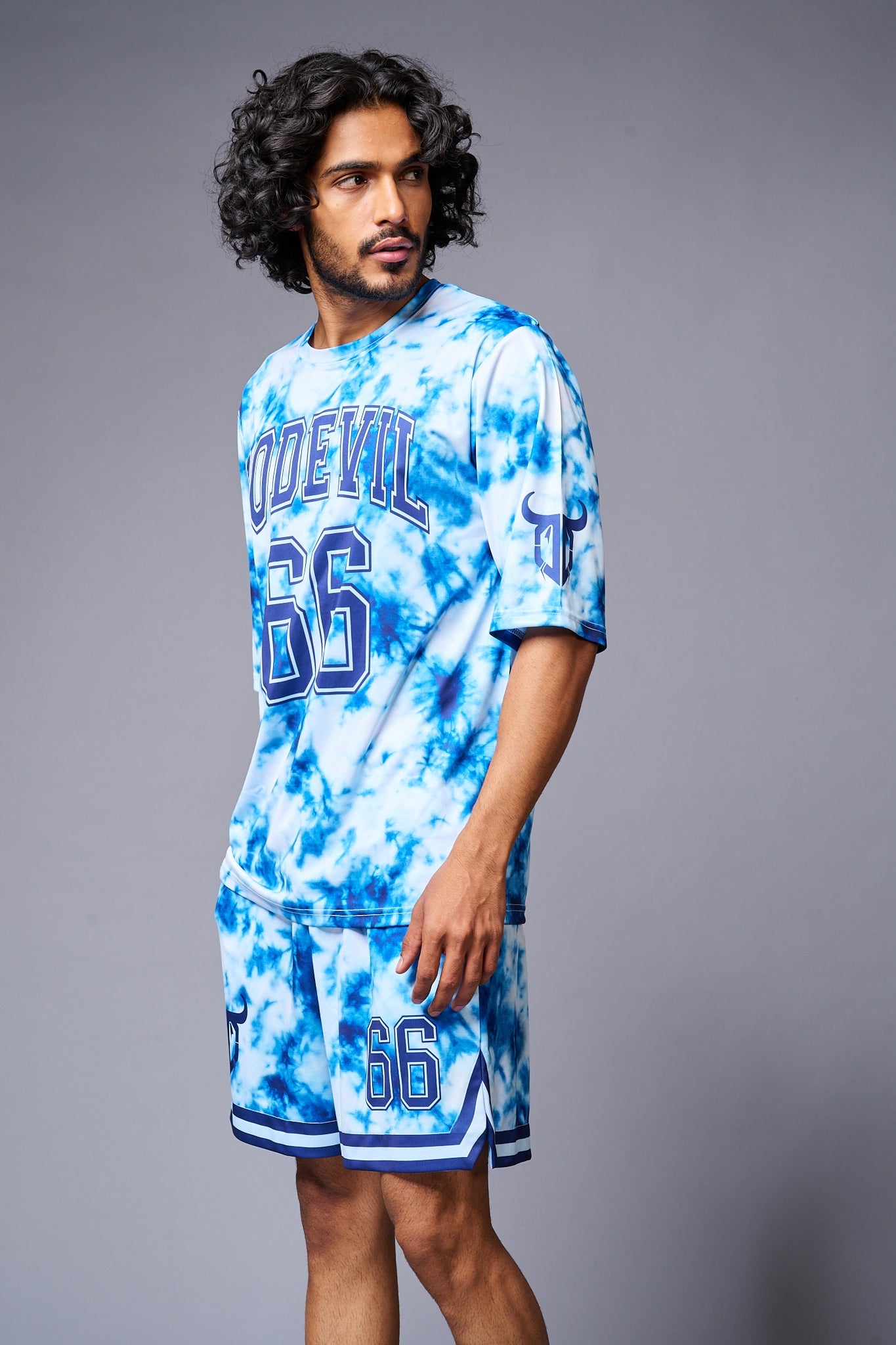 Go Devil 66 Printed White & Light BlueTie Dye Co-ord Set for Men - Go Devil