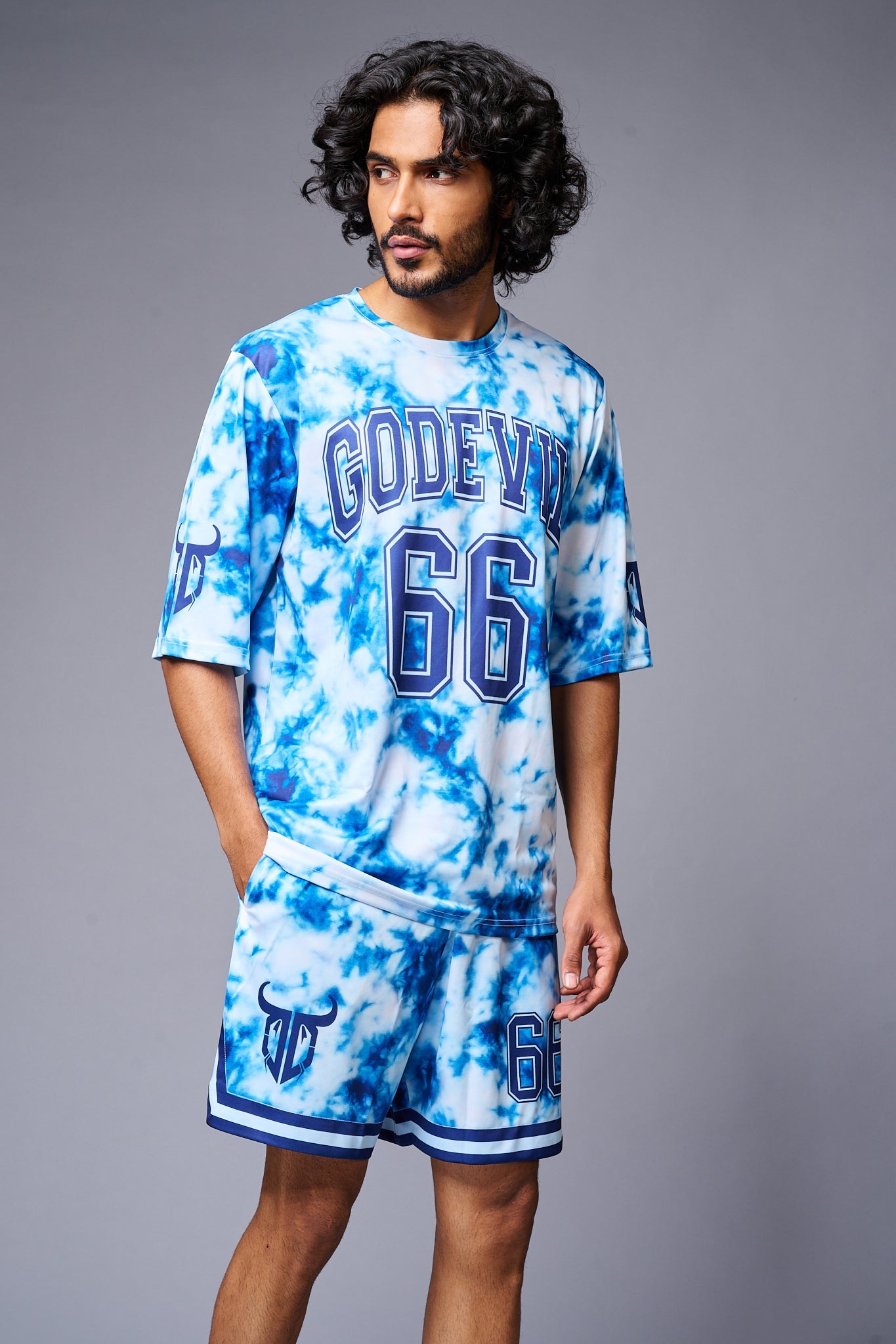 Go Devil 66 Printed White & Light BlueTie Dye Co-ord Set for Men - Go Devil