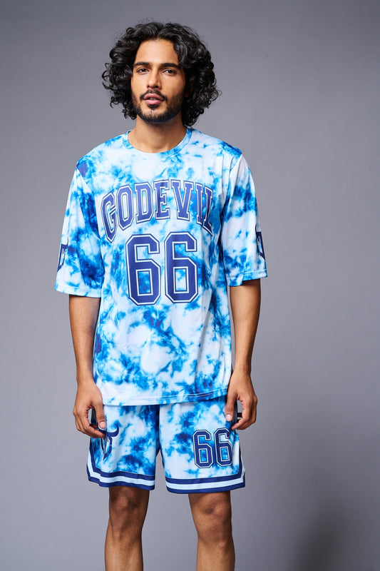 Go Devil 66 Printed White & Light BlueTie Dye Co-ord Set for Men - Go Devil