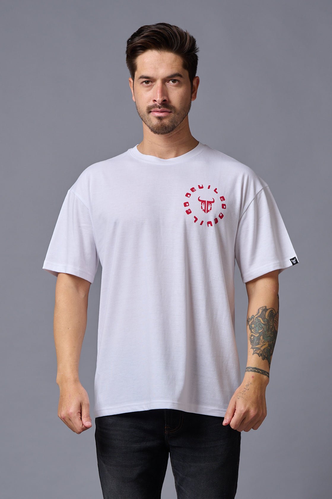 Go Devil (in Red) Printed White Oversized T-Shirt for Men - Go Devil