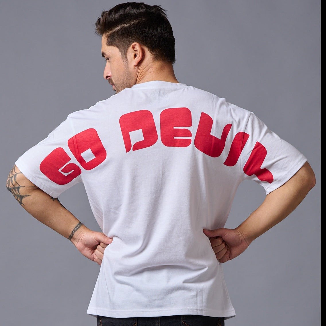 Go Devil (in Red) Printed White Oversized T-Shirt for Men - Go Devil