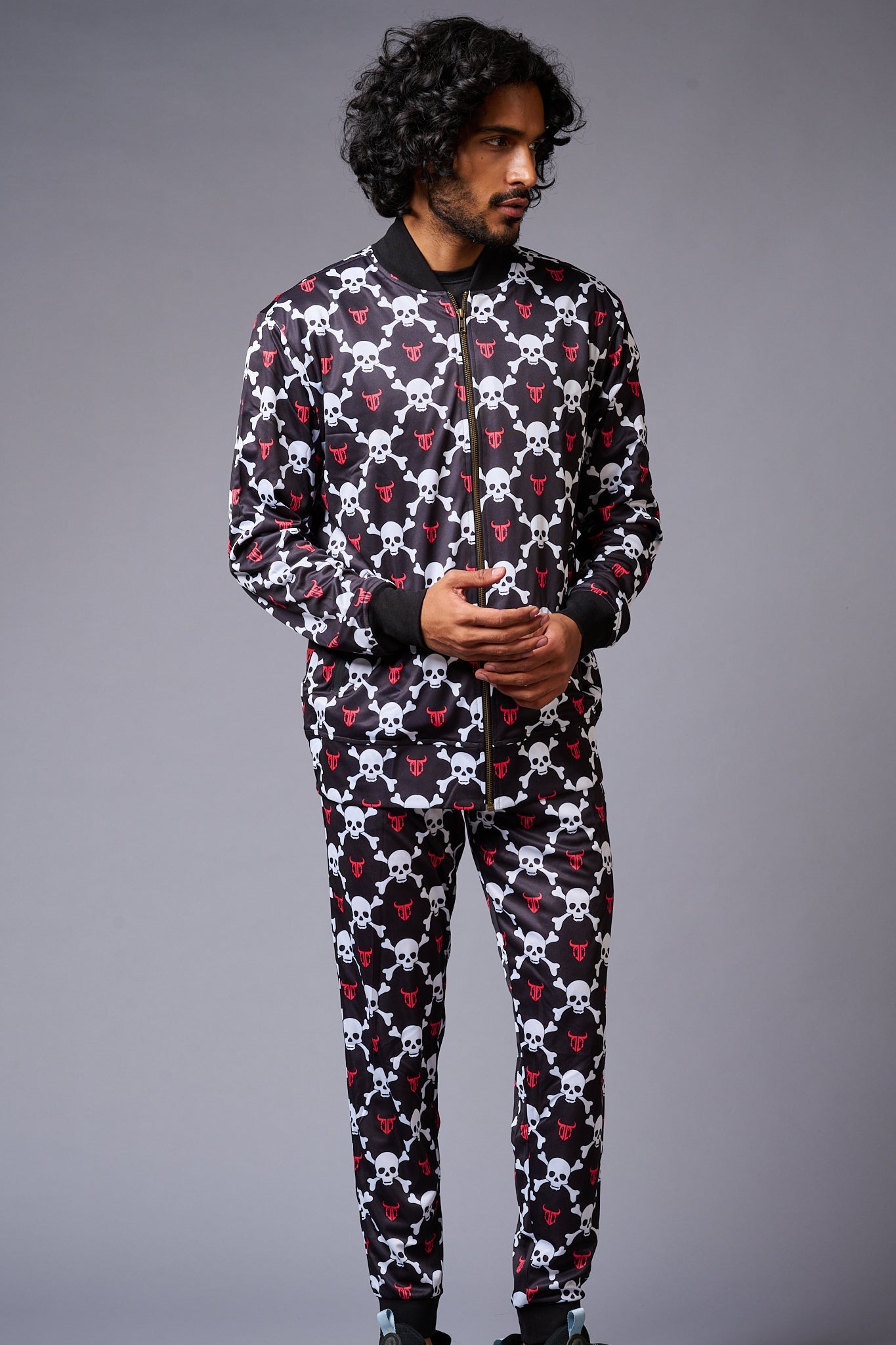 Go Devil Logo White Skull Printed Black Bomber Style Jacket with Pant Co-ord Set for Men - Go Devil