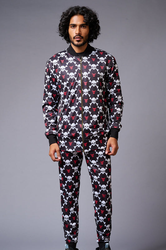 Go Devil Logo White Skull Printed Black Bomber Style Jacket with Pant Co-ord Set for Men - Go Devil