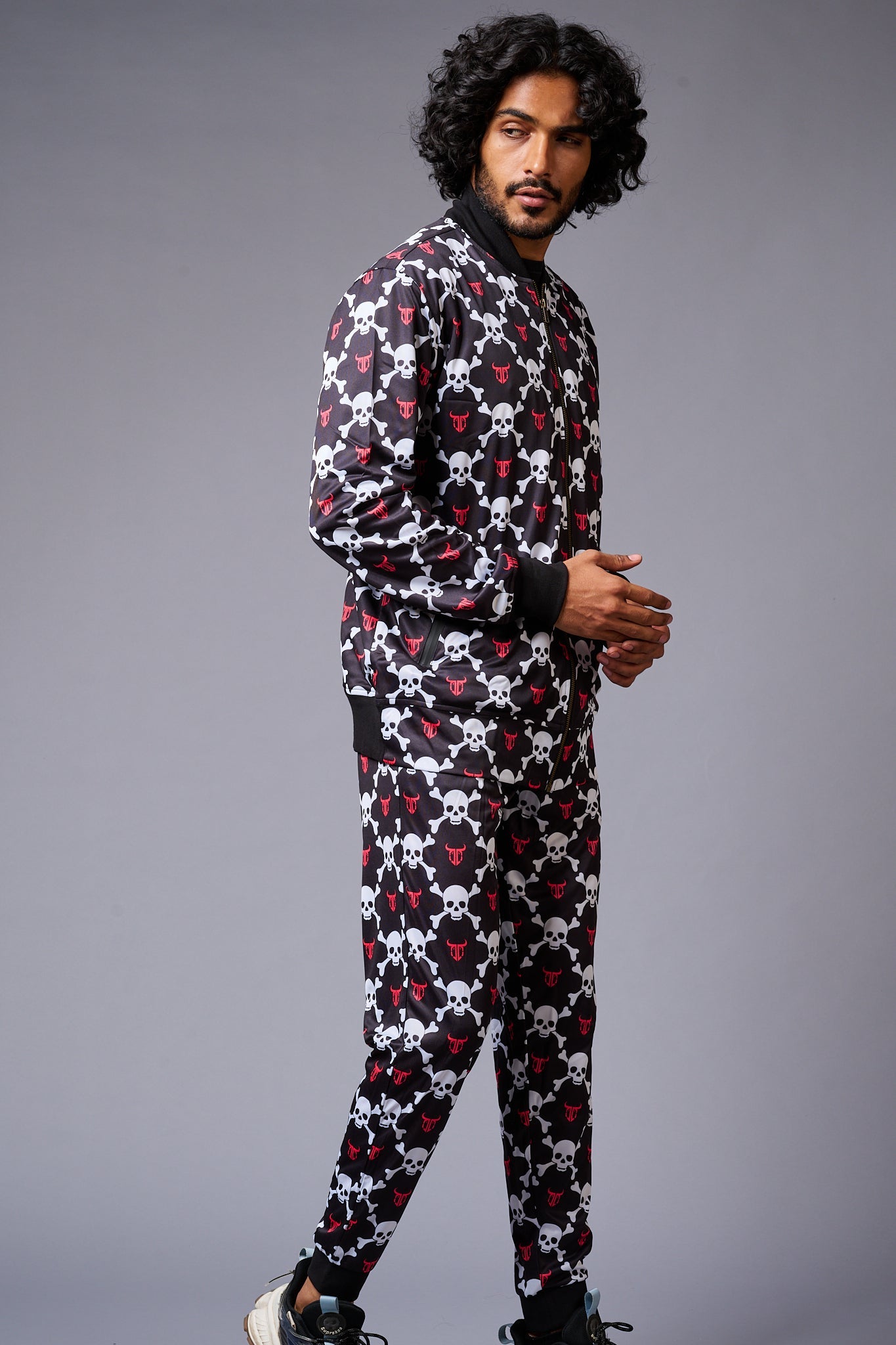 Go Devil Logo White Skull Printed Black Bomber Style Jacket with Pant Co-ord Set for Men - Go Devil