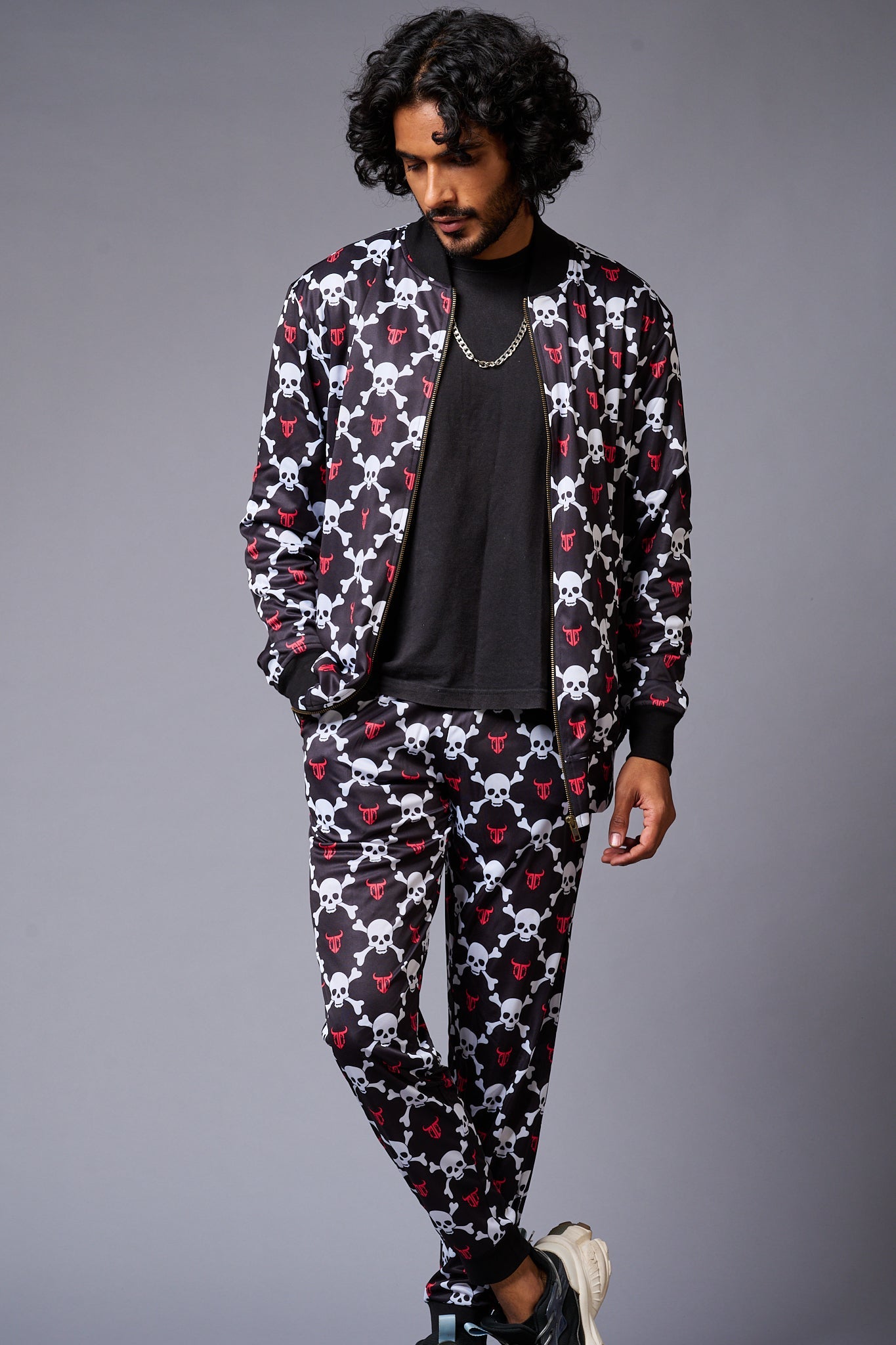 Go Devil Logo White Skull Printed Black Bomber Style Jacket with Pant Co-ord Set for Men - Go Devil