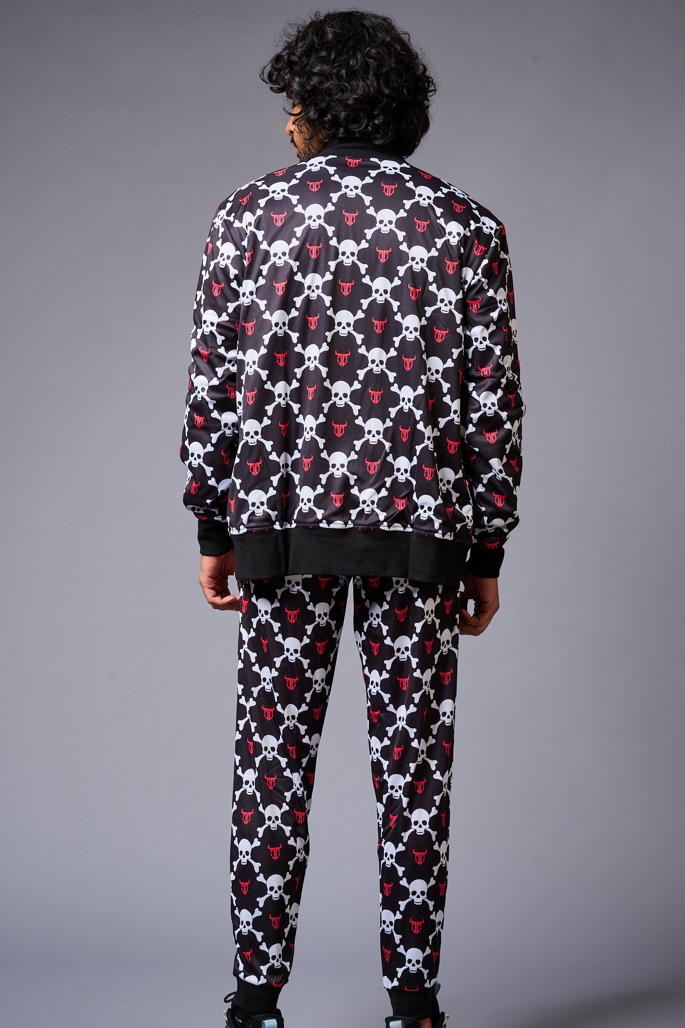 Go Devil Logo White Skull Printed Black Bomber Style Jacket with Pant Co-ord Set for Men - Go Devil