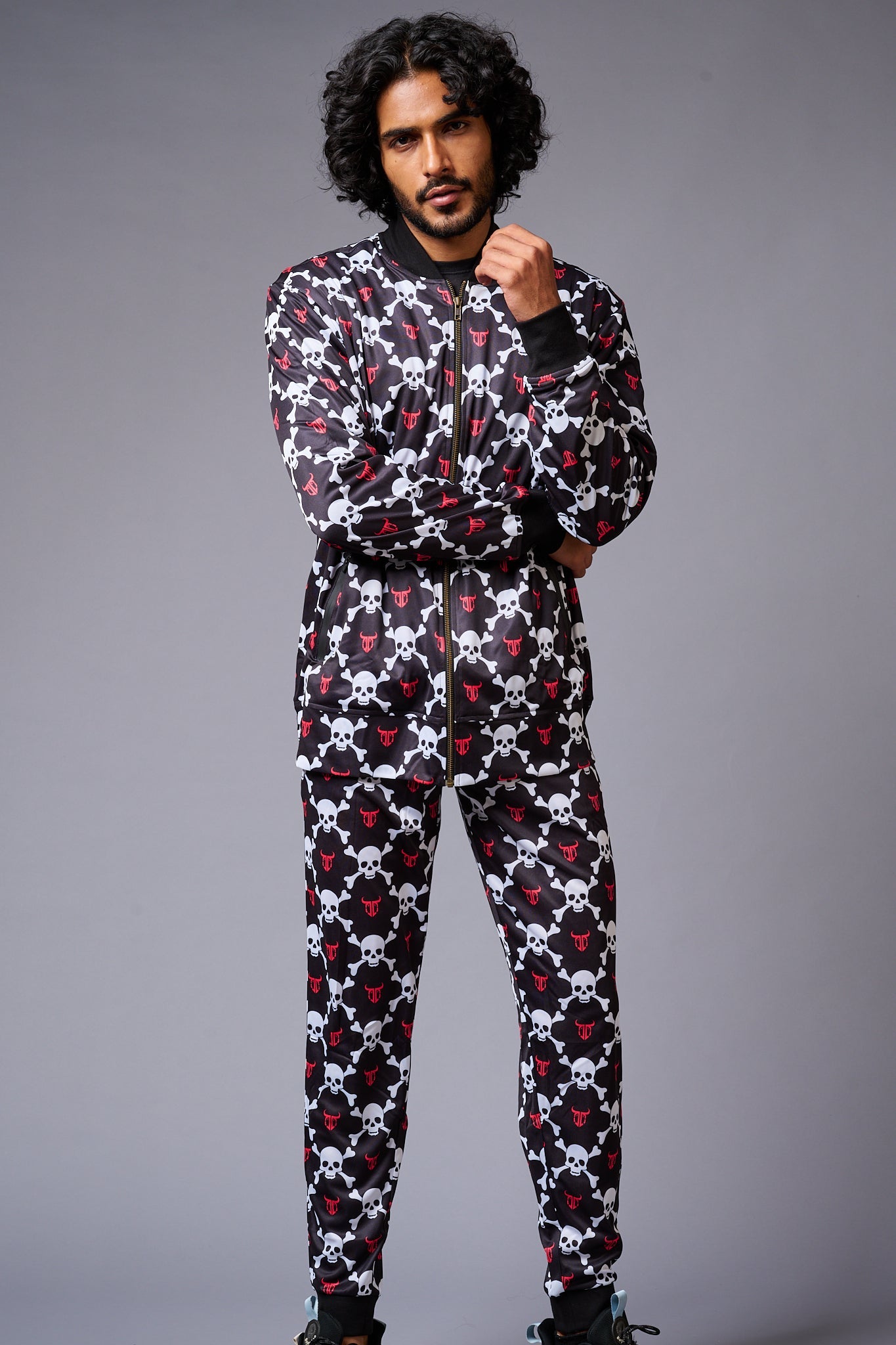 Go Devil Logo White Skull Printed Black Bomber Style Jacket with Pant Co-ord Set for Men - Go Devil
