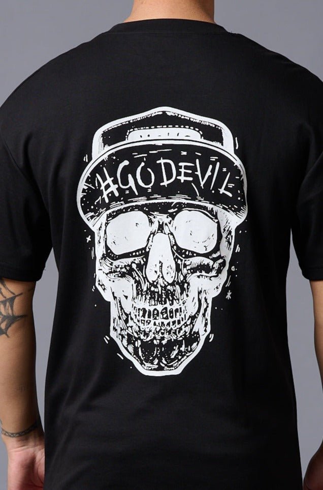 #Go Devil With Skull (in White) Printed Black Oversized T-Shirt for Men - Go Devil