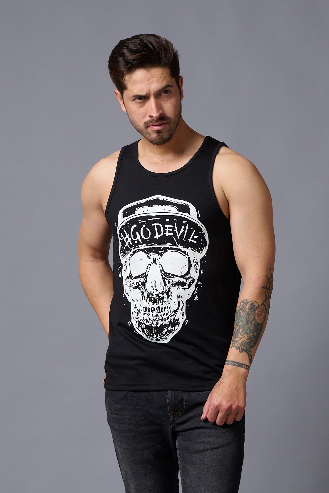 #Go Devil with Skull Printed Vest for Men - Go Devil