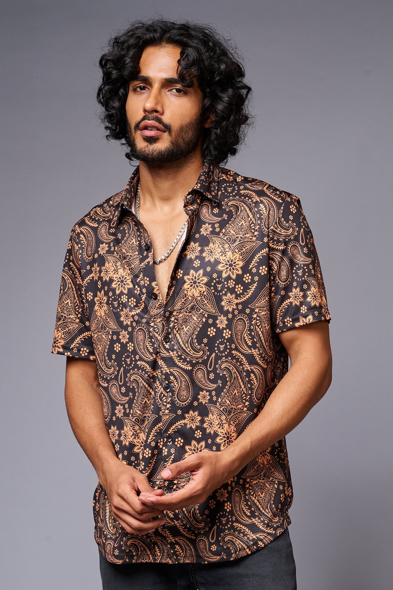 Golden Paisely Design Printed Black Shirt for Men - Go Devil