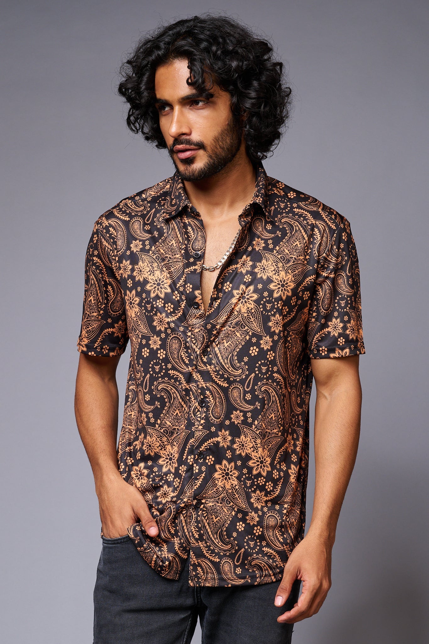 Golden Paisely Design Printed Black Shirt for Men - Go Devil