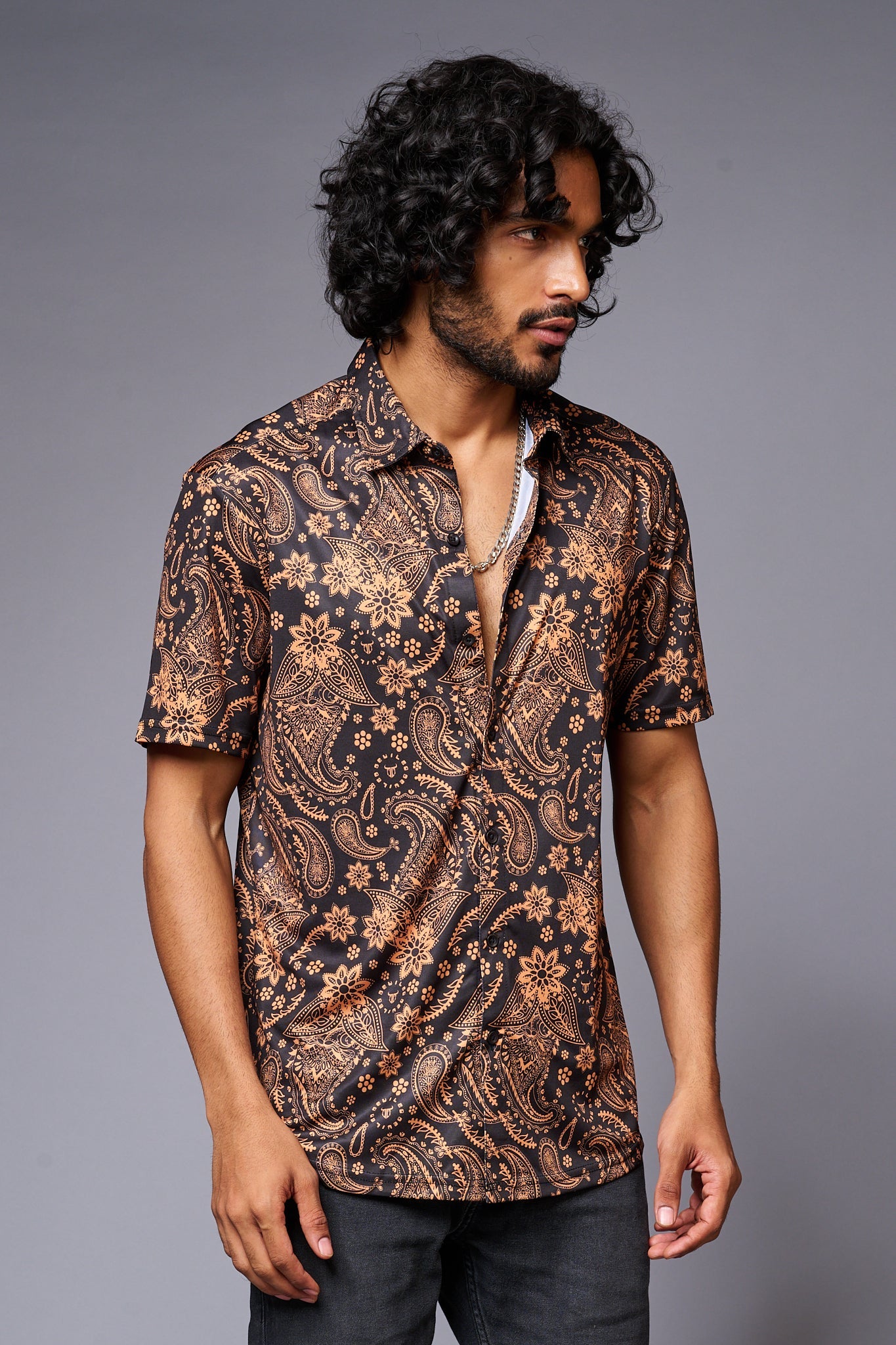 Golden Paisely Design Printed Black Shirt for Men - Go Devil