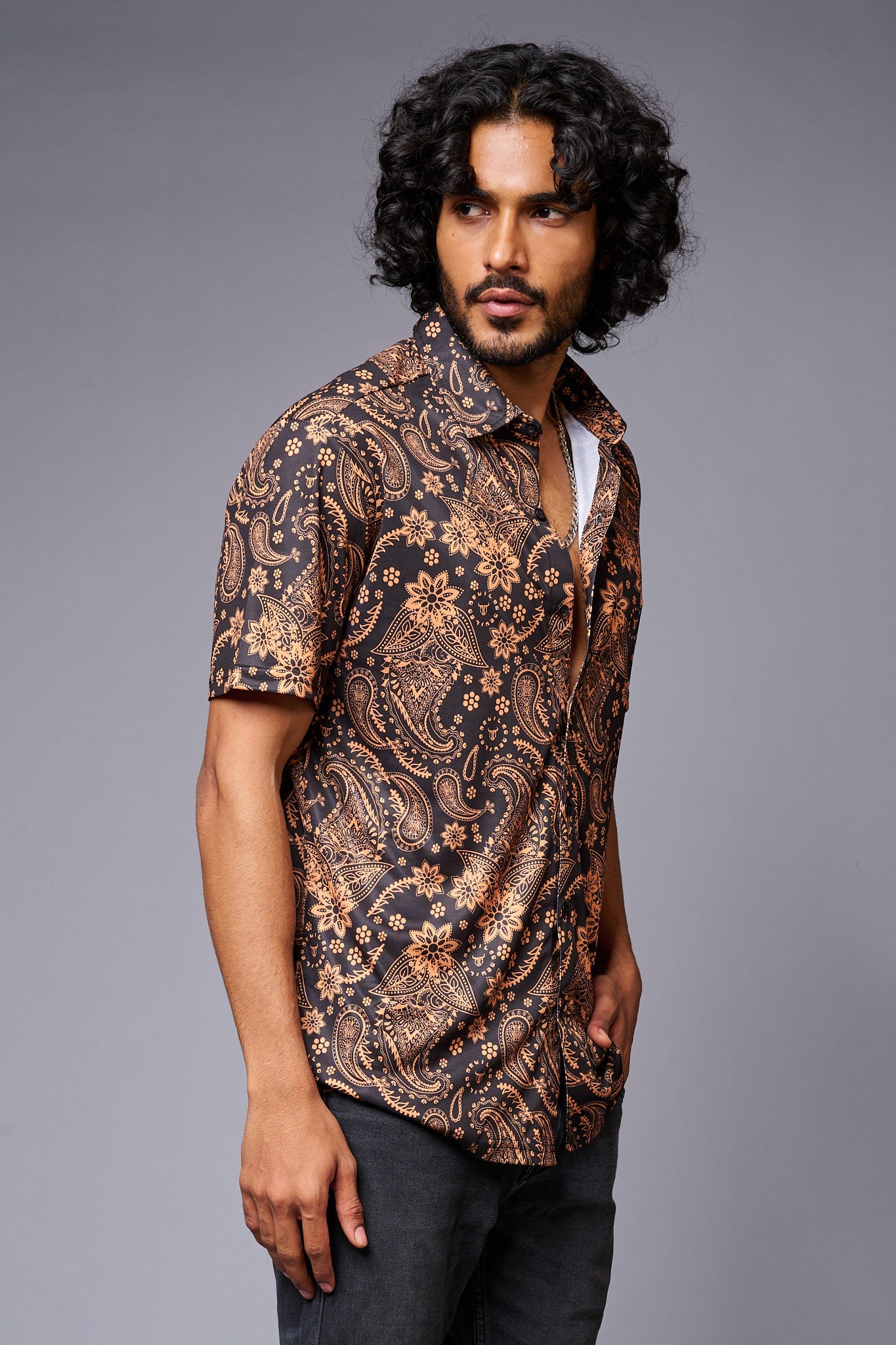 Golden Paisely Design Printed Black Shirt for Men - Go Devil