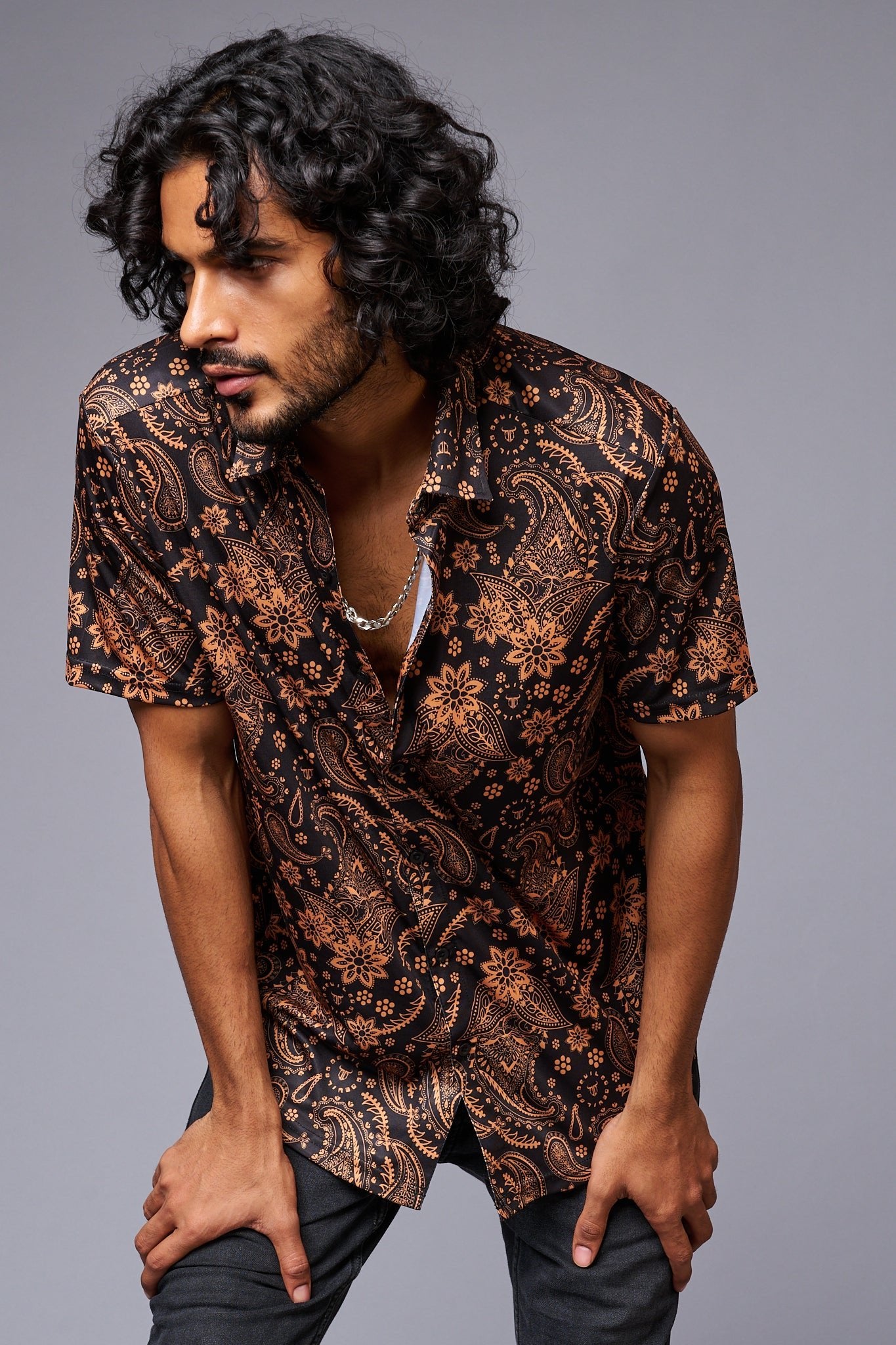 Golden Paisely Design Printed Black Shirt for Men - Go Devil