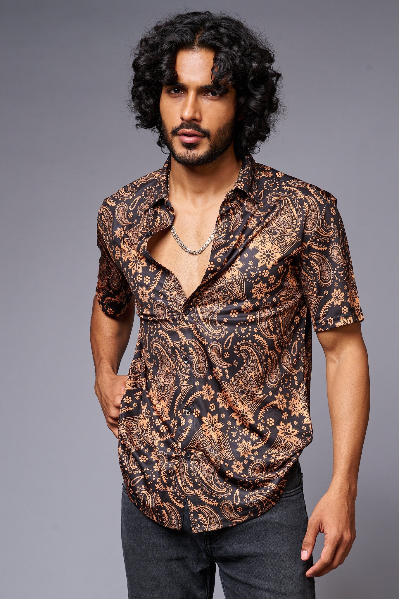 Golden Paisely Design Printed Black Shirt for Men - Go Devil