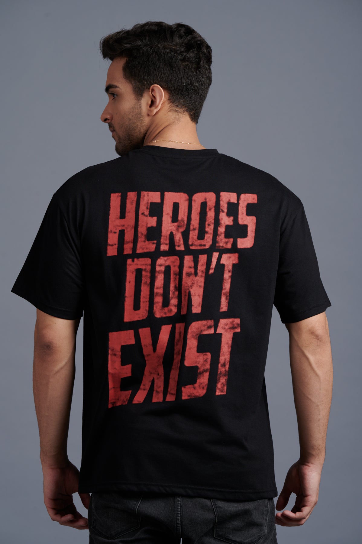 Heroes Don’t Exist Red Printed Black Oversized T-Shirt for Men - Go Devil