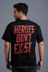 Heroes Don’t Exist Red Printed Black Oversized T-Shirt for Men - Go Devil