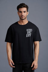 Heroes Don't Exist White Printed Black Oversized T-Shirt for Men - Go Devil