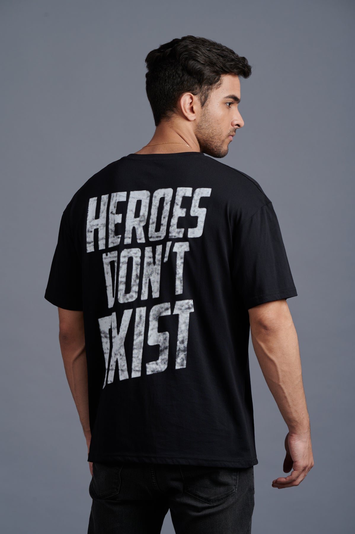 Heroes Don't Exist White Printed Black Oversized T-Shirt for Men - Go Devil