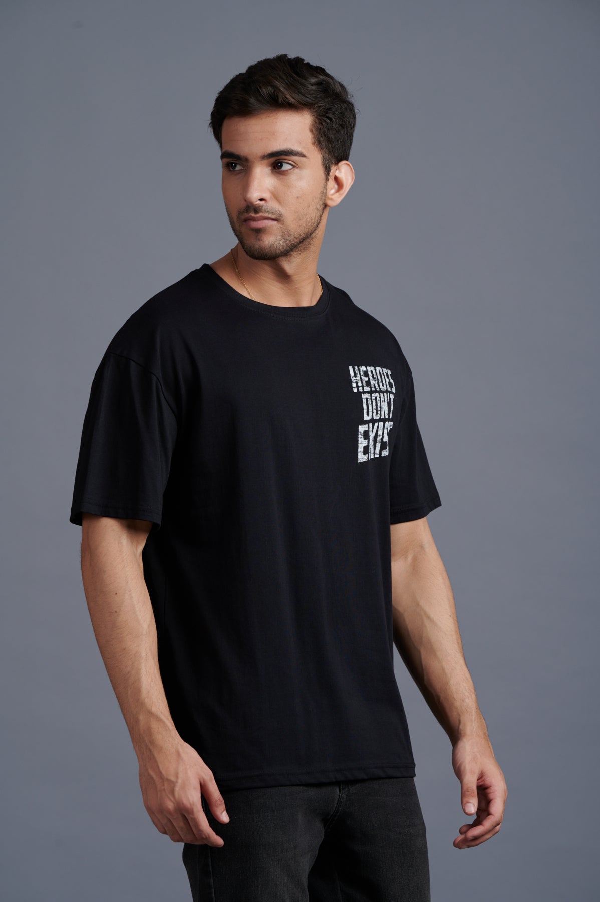 Heroes Don't Exist White Printed Black Oversized T-Shirt for Men - Go Devil