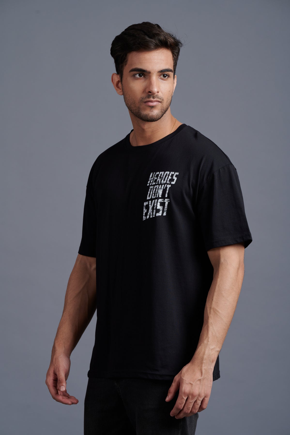 Heroes Don't Exist White Printed Black Oversized T-Shirt for Men - Go Devil