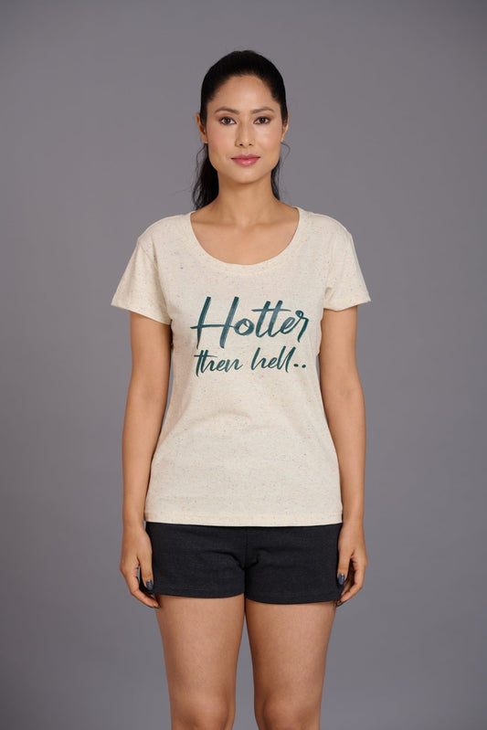 Hotter Than Hell Printed Cream Oversized T-Shirt for Women - Go Devil