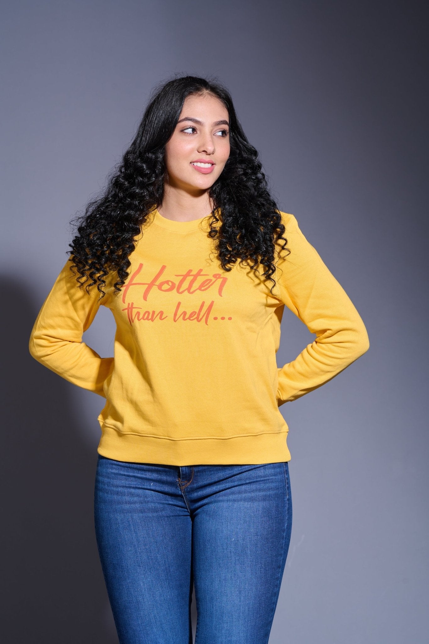 Hotter Then Hell Printed Yellowish Sweatshirt for Women - Go Devil