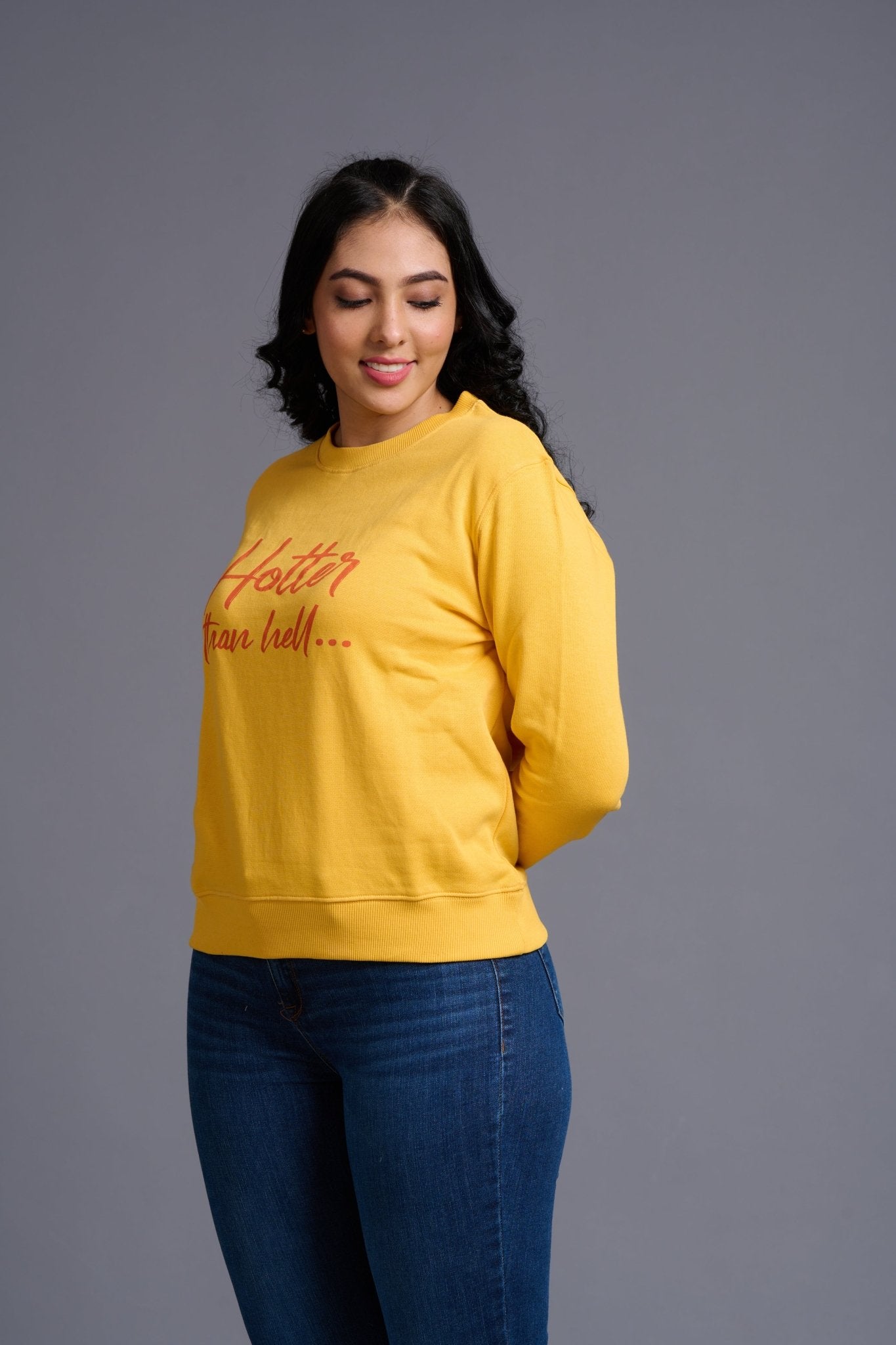 Hotter Then Hell Printed Yellowish Sweatshirt for Women - Go Devil