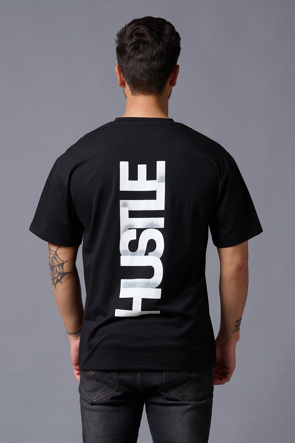 Hustle (in White) Printed Black Oversized T-Shirt for Men - Go Devil