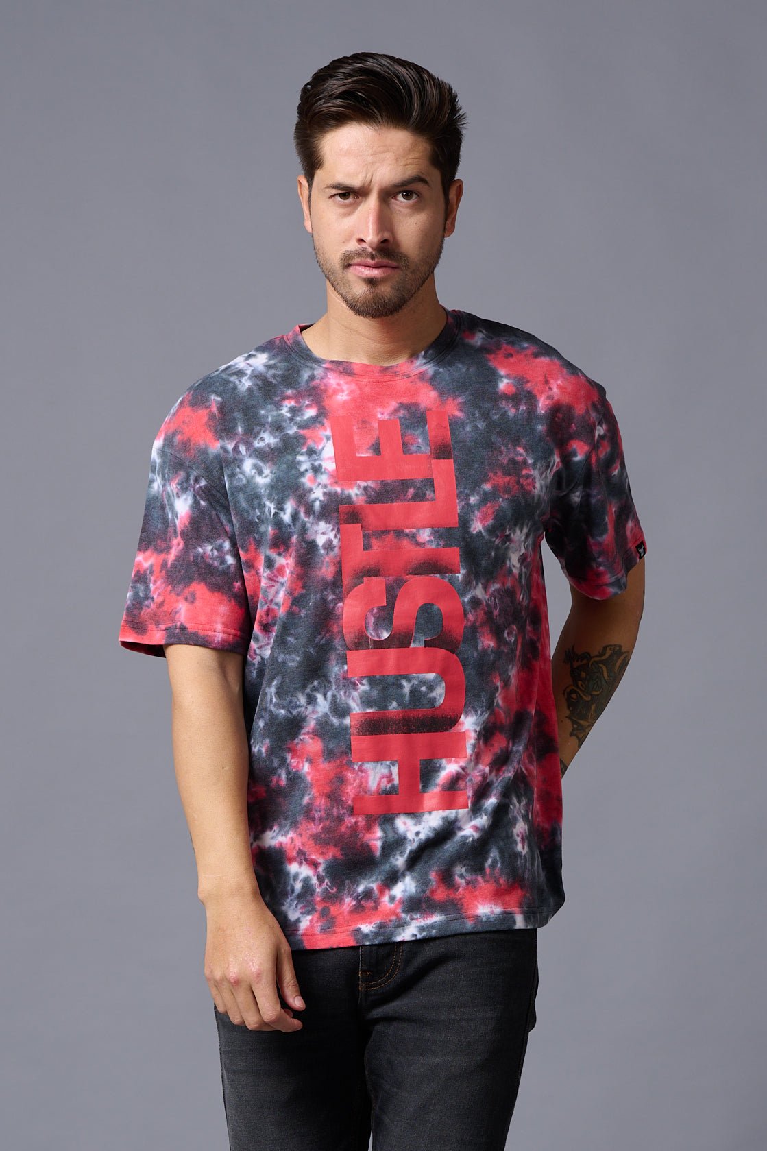Hustle Printed Tye Die Red Oversized T-Shirt for Men - Go Devil