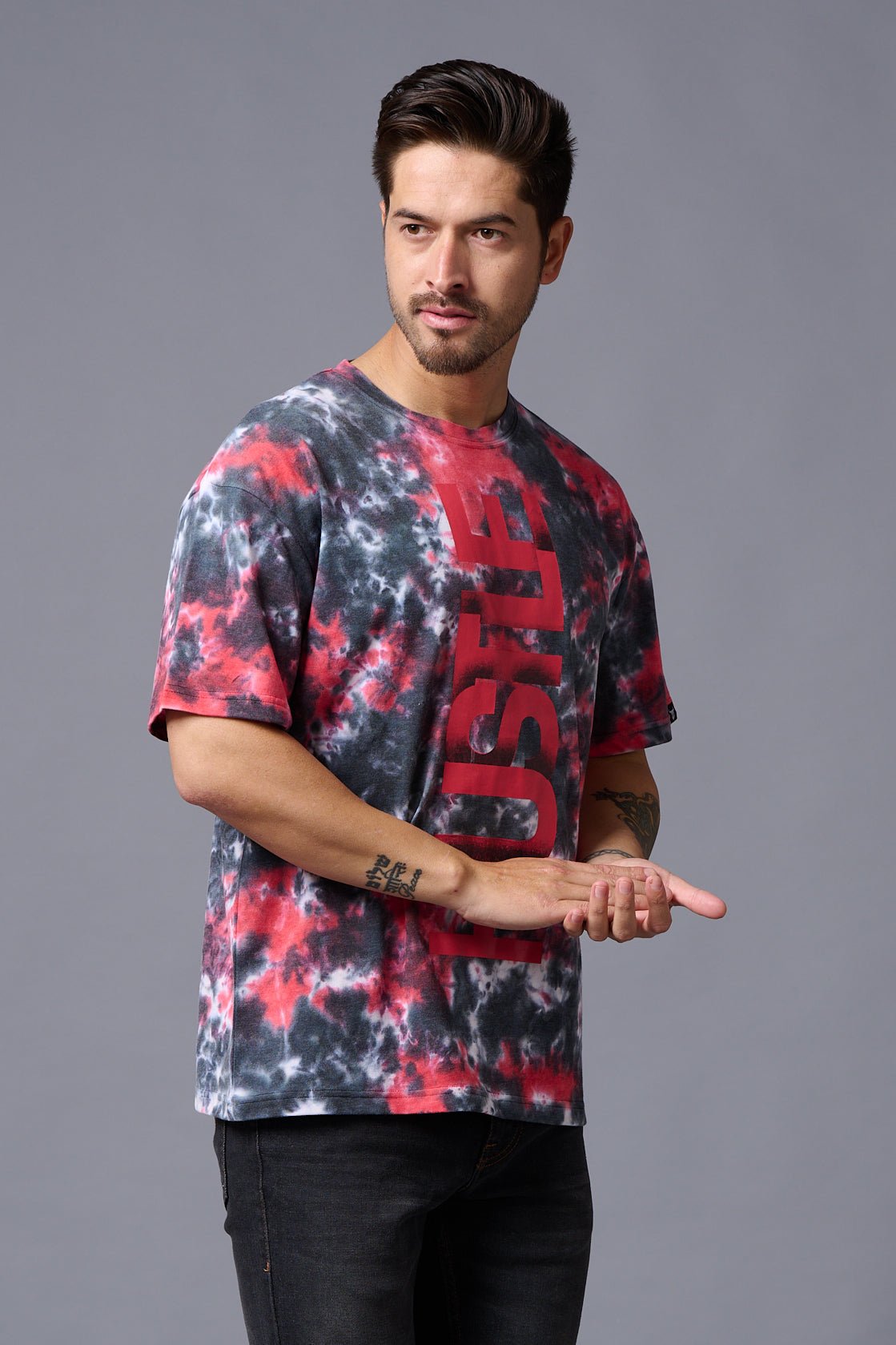 Hustle Printed Tye Die Red Oversized T-Shirt for Men - Go Devil