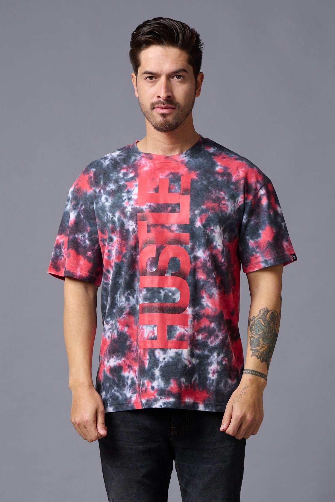 Hustle Printed Tye Die Red Oversized T-Shirt for Men - Go Devil