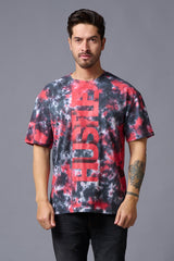 Hustle Printed Tye Die Red Oversized T-Shirt for Men - Go Devil