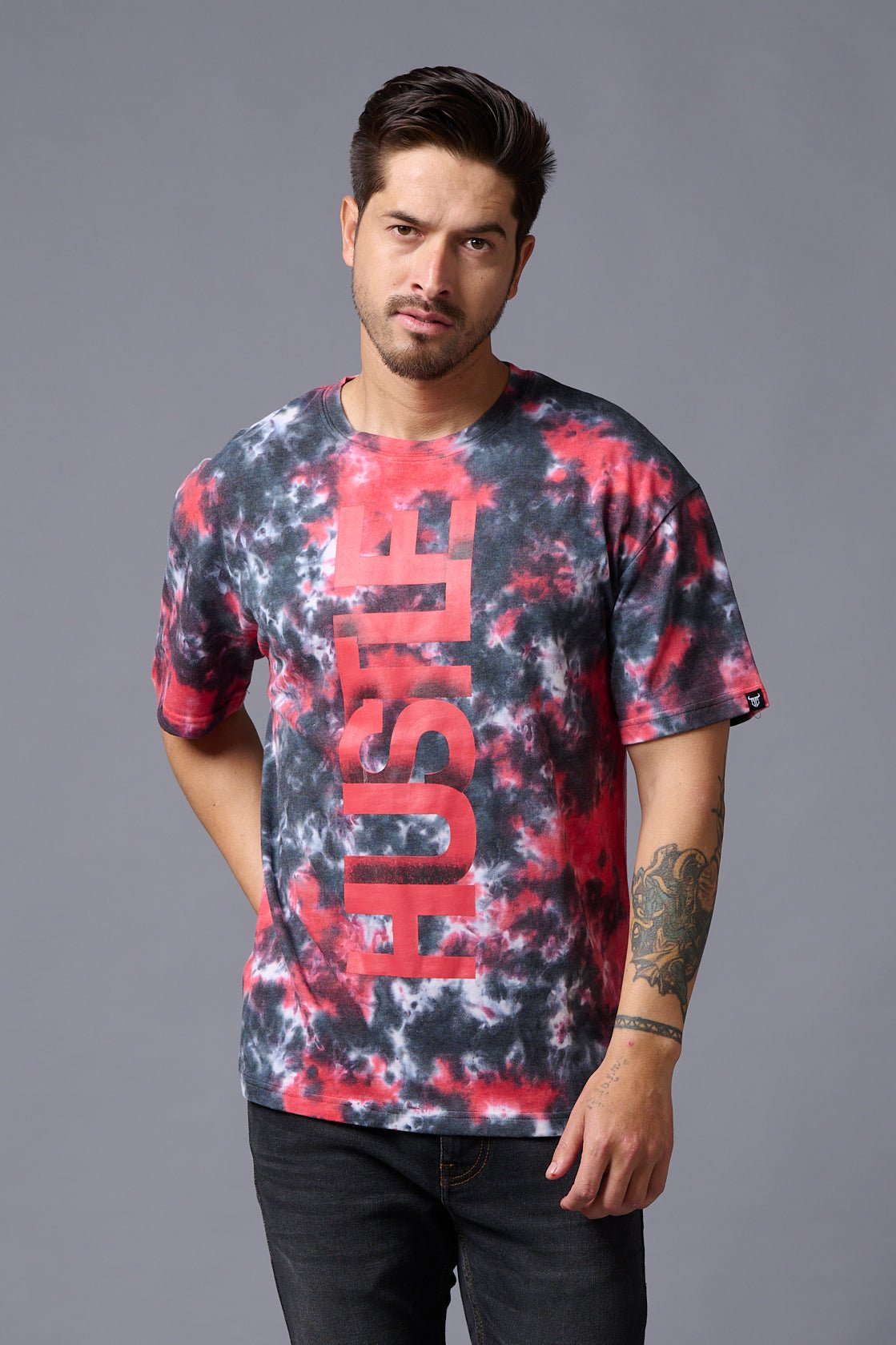 Hustle Printed Tye Die Red Oversized T-Shirt for Men - Go Devil