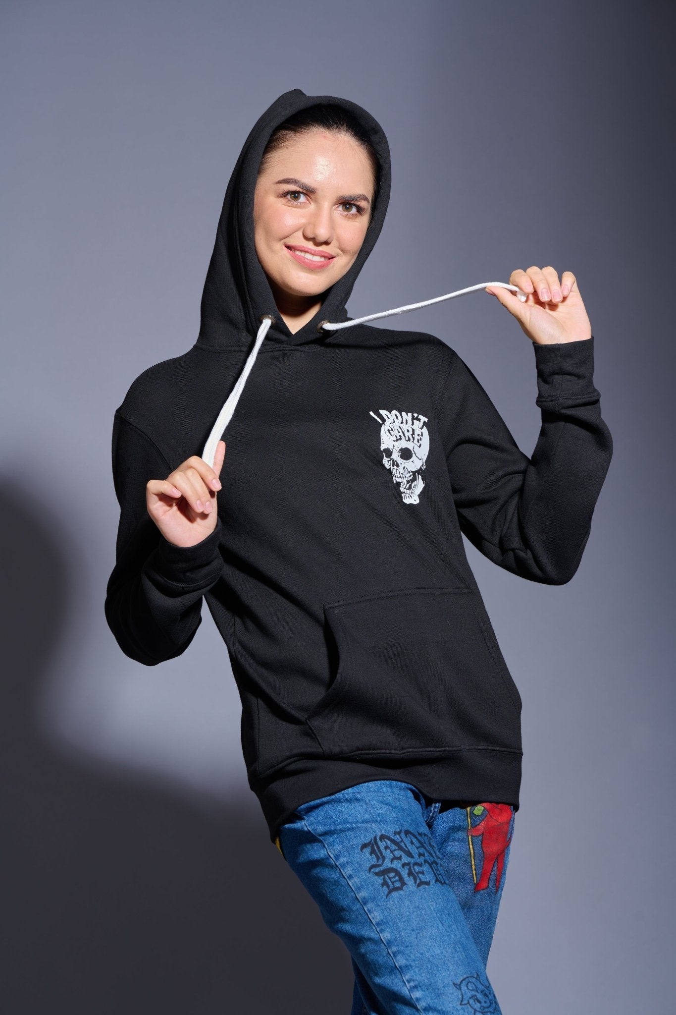 I Don't Care Printed Black Hoodie for Women - Go Devil