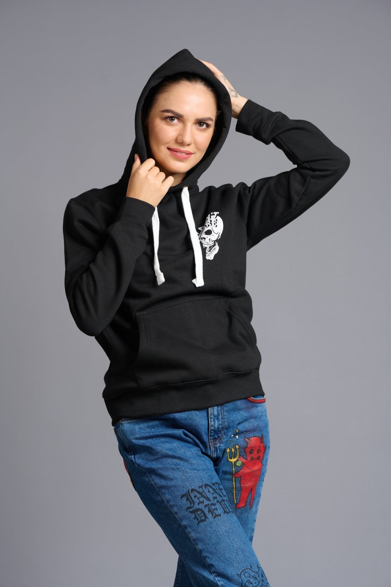 I Don't Care Printed Black Hoodie for Women - Go Devil