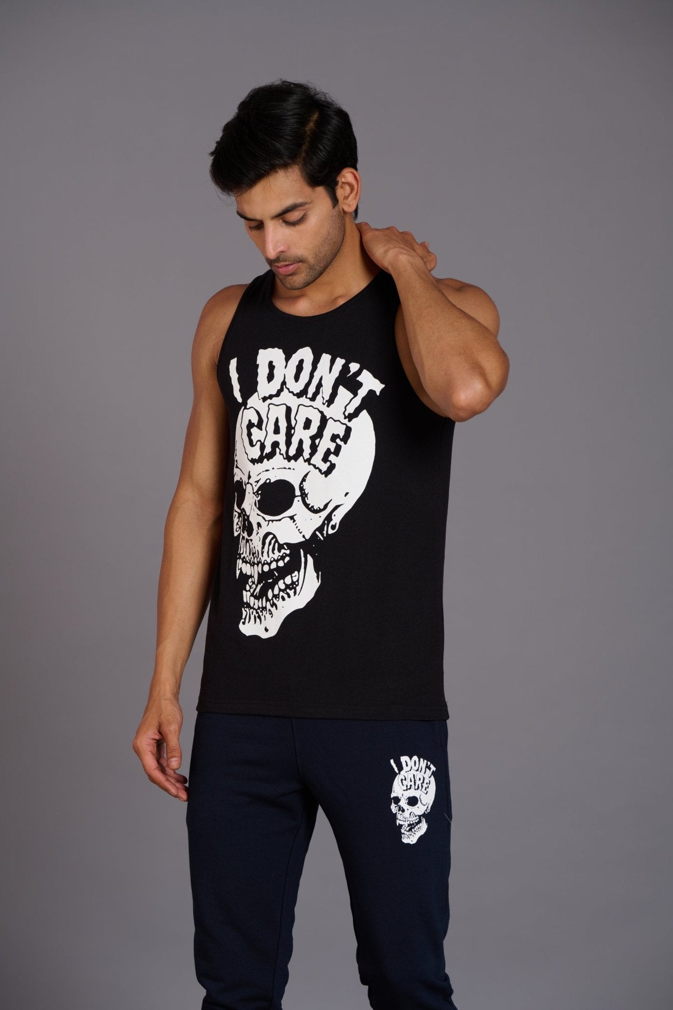 I Don't Care Printed Black Vest (Activewear) for Men - Go Devil