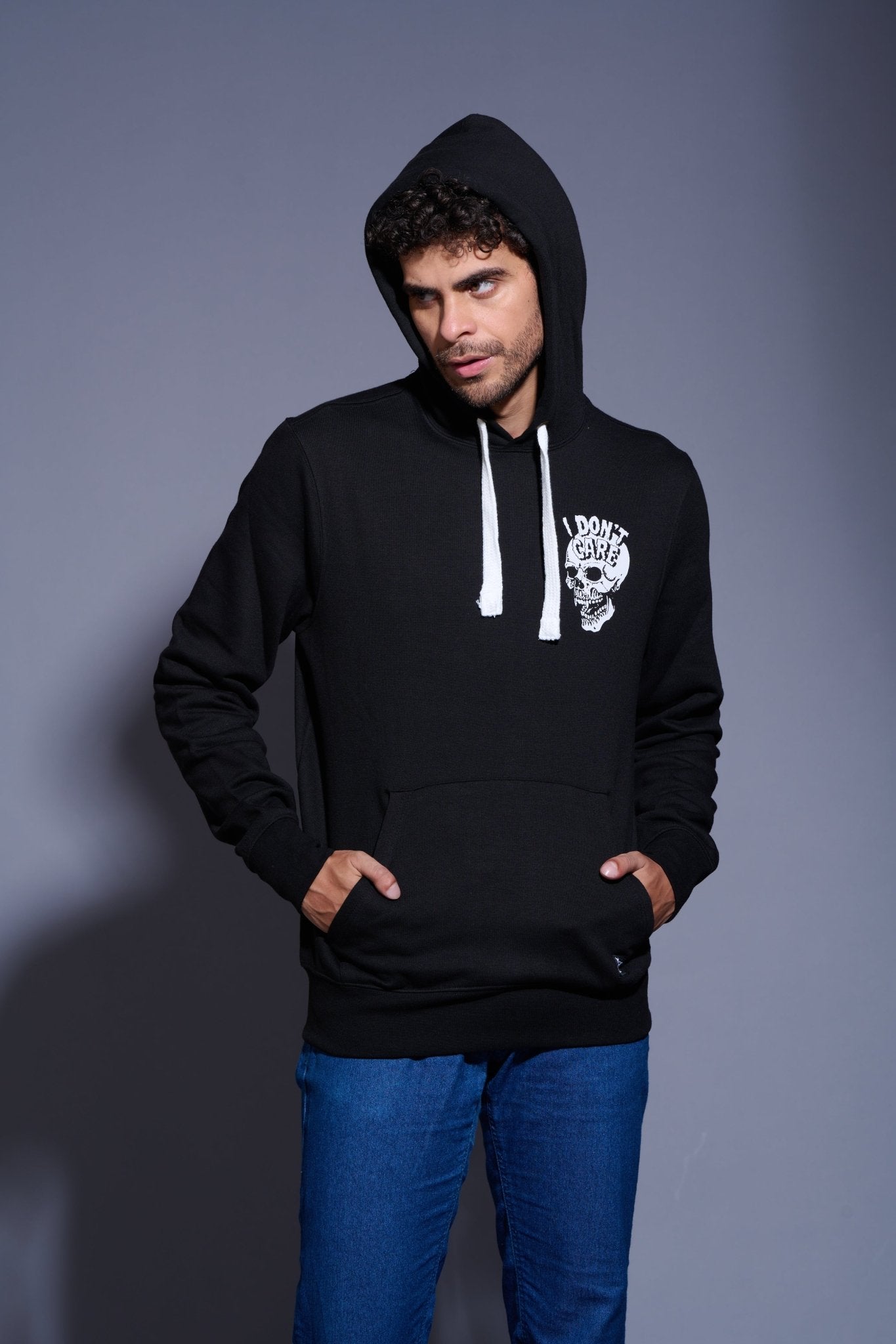 I Don't Care With Skull Printed Black Hoodie for Men - Go Devil