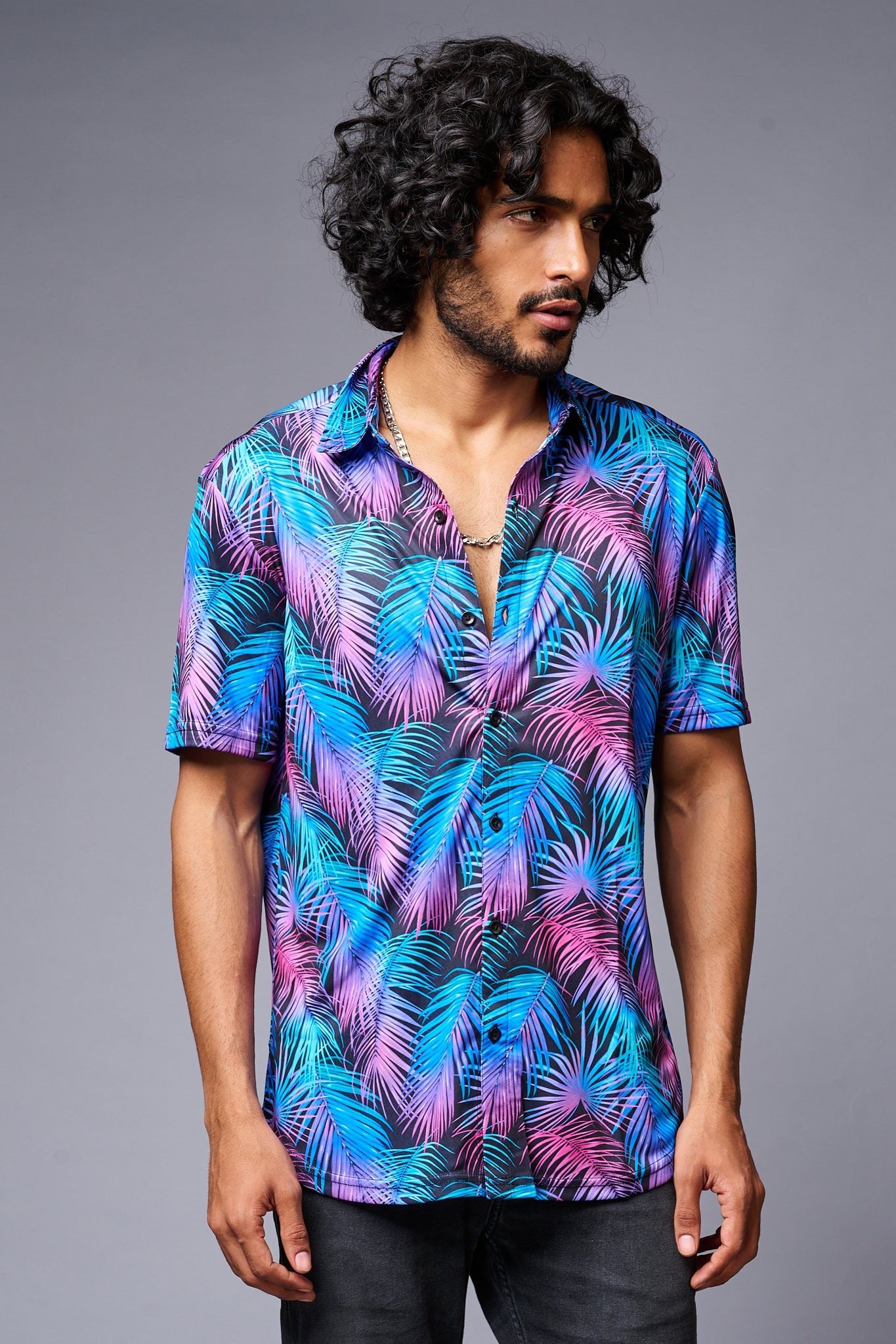 Leaves (in Gradient) Printed Black Co-ord Set for Men - Go Devil