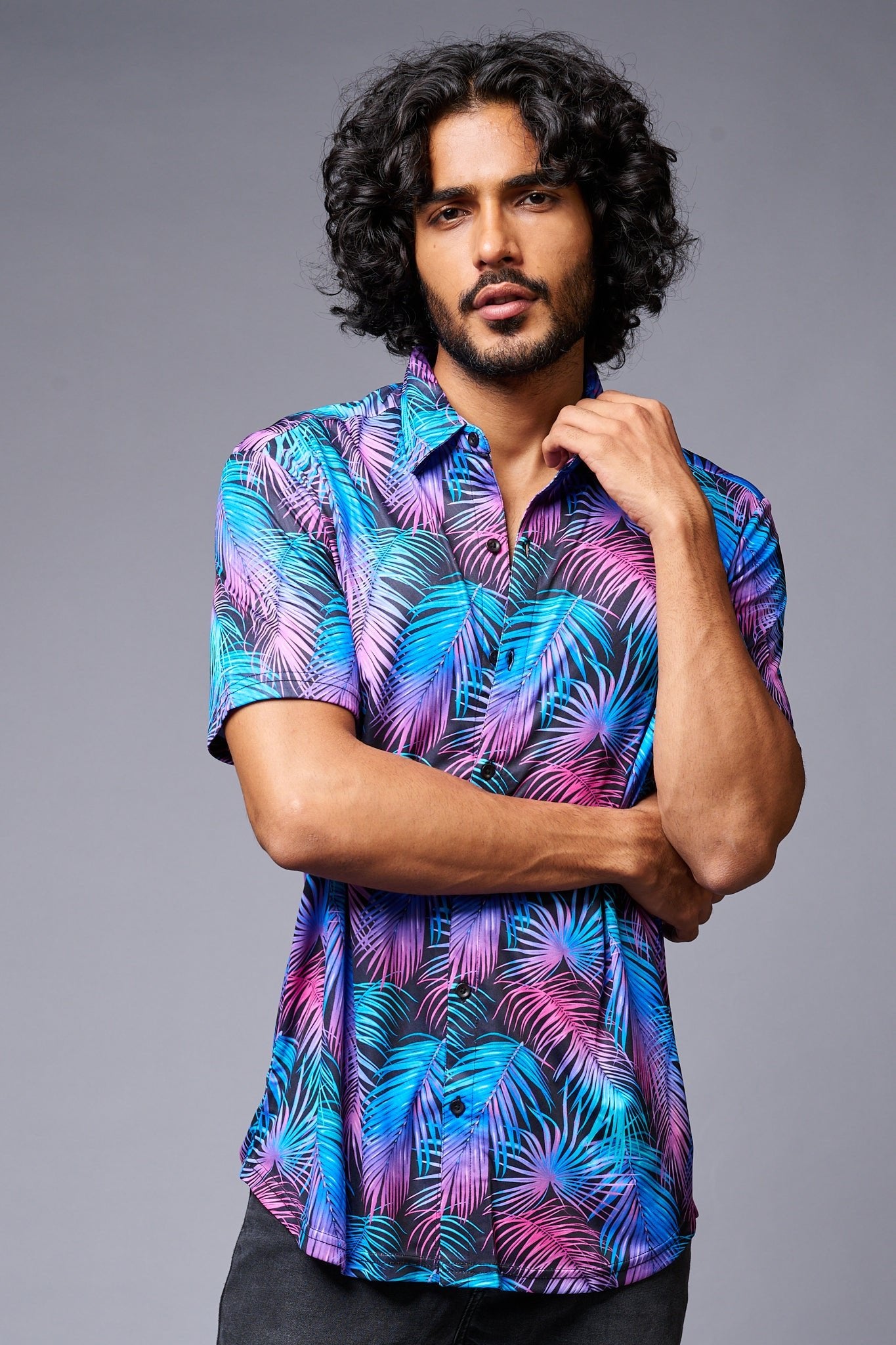 Leaves (in Gradient) Printed Black Co-ord Set for Men - Go Devil