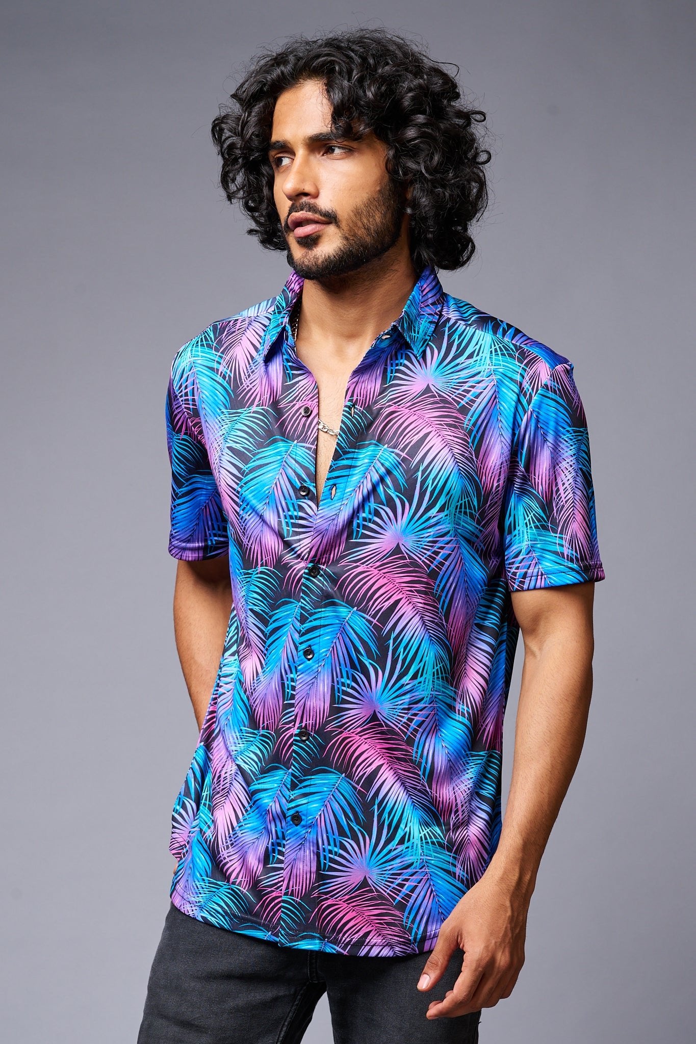 Leaves (in Gradient) Printed Black Co-ord Set for Men - Go Devil