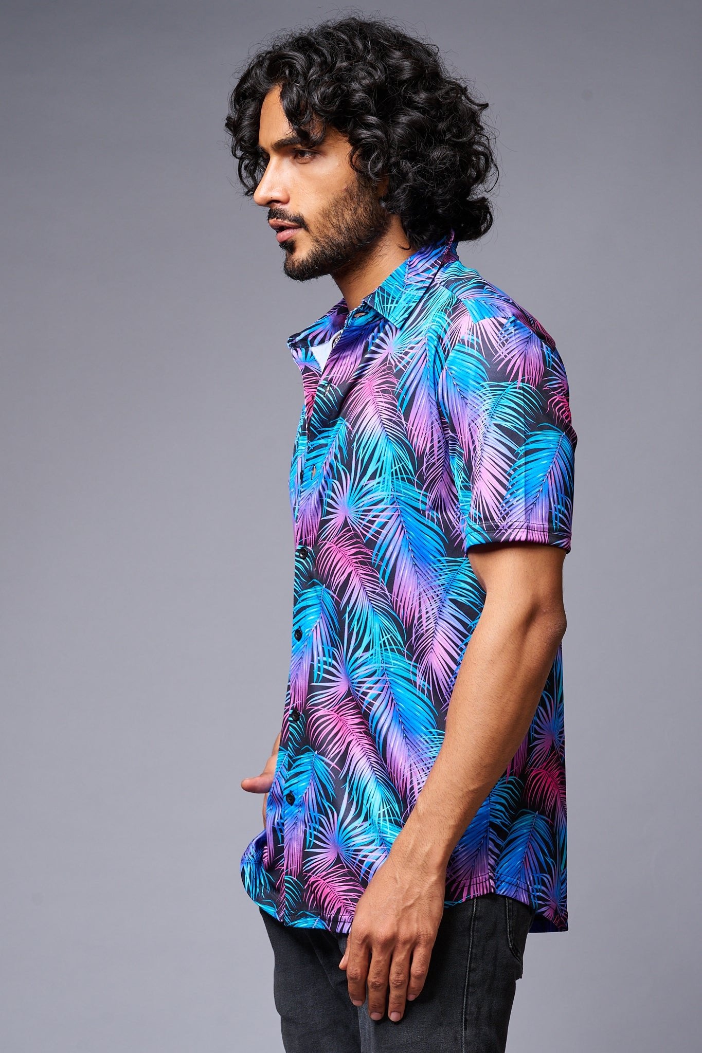 Leaves (in Gradient) Printed Black Co-ord Set for Men - Go Devil