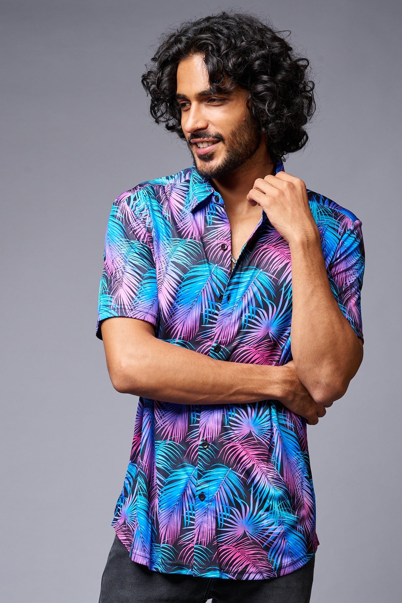 Leaves (in Gradient) Printed Black Co-ord Set for Men - Go Devil