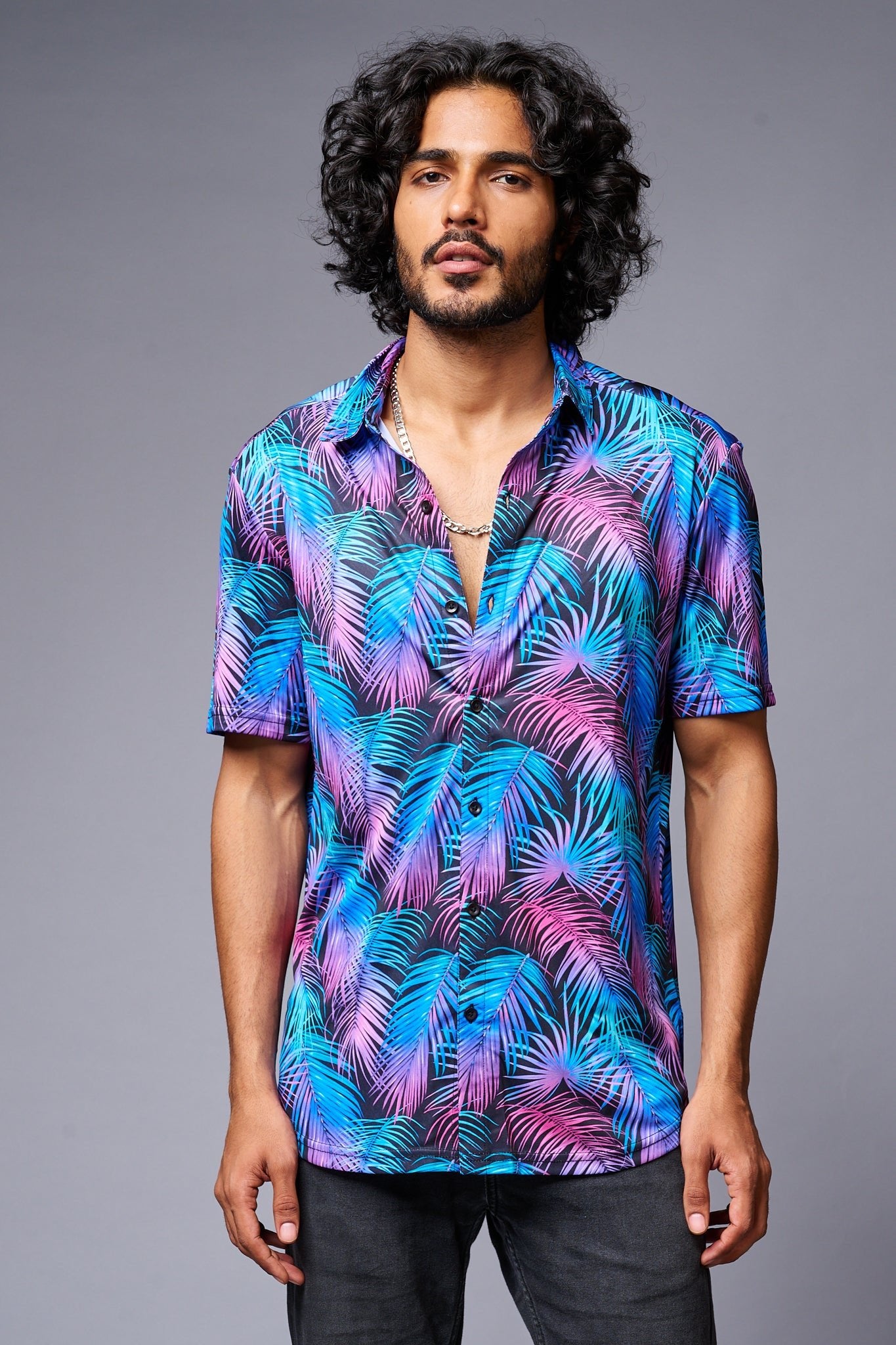 Leaves (in Gradient) Printed Black Co-ord Set for Men - Go Devil