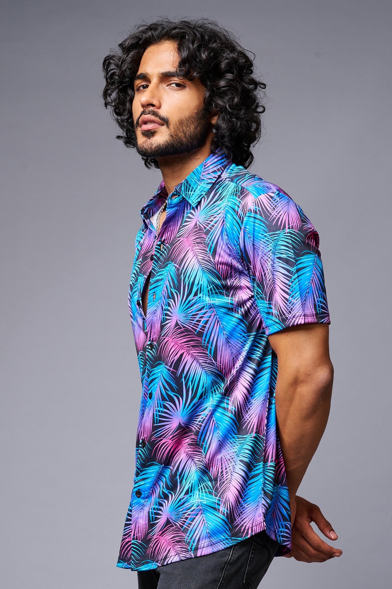 Leaves (in Gradient) Printed Black Co-ord Set for Men - Go Devil